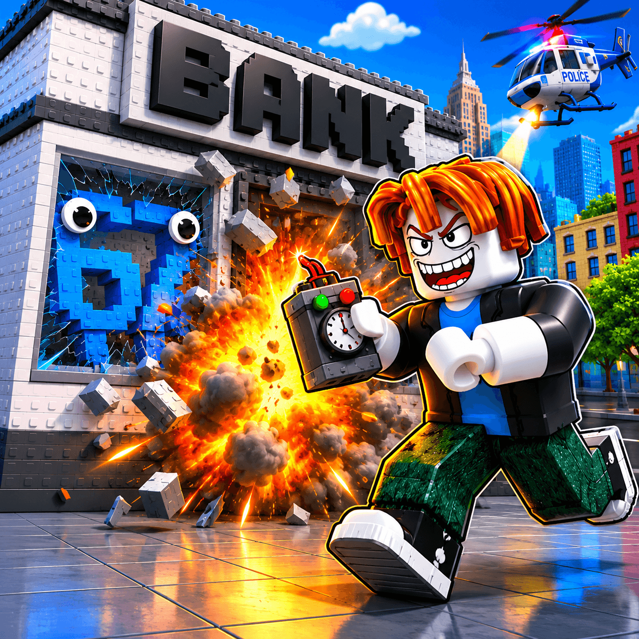 A gaming-style bank break-in scene with a vault explosion